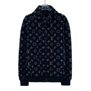 Louis Vuitton Black monogram logo print stand-collar zip-up teddy jacket